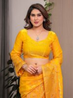 Sunshine Yellow Fendi Satin Block & Foil Print Saree with Attached Blouse & Tassel Detailing - Image 3