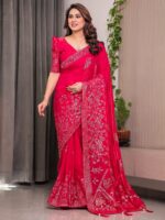 Rani Pink Fendi Satin Block & Foil Print Saree with Attached Blouse & Tassel Detailing - Image 6