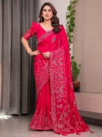 Rani Pink Fendi Satin Block & Foil Print Saree with Attached Blouse & Tassel Detailing - Image 8
