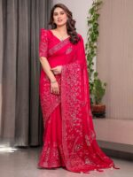 Rani Pink Fendi Satin Block & Foil Print Saree with Attached Blouse & Tassel Detailing - Image 10