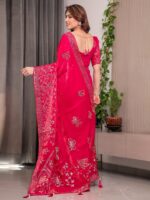Rani Pink Fendi Satin Block & Foil Print Saree with Attached Blouse & Tassel Detailing - Image 4