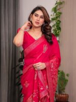 Rani Pink Fendi Satin Block & Foil Print Saree with Attached Blouse & Tassel Detailing - Image 7