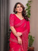 Rani Pink Fendi Satin Block & Foil Print Saree with Attached Blouse & Tassel Detailing - Image 5