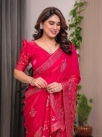 Rani Pink Fendi Satin Block & Foil Print Saree with Attached Blouse & Tassel Detailing - Image 9