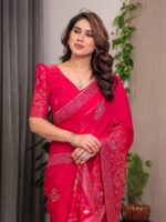 Rani Pink Fendi Satin Block & Foil Print Saree with Attached Blouse & Tassel Detailing - Image 11