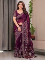 Wine Purple Fendi Satin Block & Foil Print Saree with Attached Blouse & Tassel Detailing - Image 6