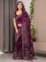 Wine Purple Fendi Satin Block & Foil Print Saree with Attached Blouse & Tassel Detailing - Image 8