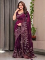 Wine Purple Fendi Satin Block & Foil Print Saree with Attached Blouse & Tassel Detailing - Image 10