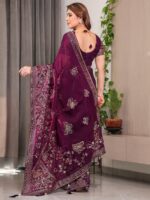 Wine Purple Fendi Satin Block & Foil Print Saree with Attached Blouse & Tassel Detailing - Image 3