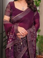 Wine Purple Fendi Satin Block & Foil Print Saree with Attached Blouse & Tassel Detailing - Image 2
