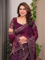 Wine Purple Fendi Satin Block & Foil Print Saree with Attached Blouse & Tassel Detailing - Image 9