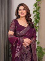 Wine Purple Fendi Satin Block & Foil Print Saree with Attached Blouse & Tassel Detailing - Image 5