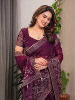 Wine Purple Fendi Satin Block & Foil Print Saree with Attached Blouse & Tassel Detailing - Image 11