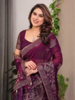 Wine Purple Fendi Satin Block & Foil Print Saree with Attached Blouse & Tassel Detailing - Image 7