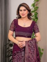 Wine Purple Fendi Satin Block & Foil Print Saree with Attached Blouse & Tassel Detailing - Image 4