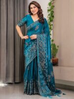 Teal Blue Fendi Satin Block & Foil Print Saree with Attached Blouse & Tassel Detailing - Image 6