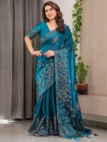 Teal Blue Fendi Satin Block & Foil Print Saree with Attached Blouse & Tassel Detailing - Image 10