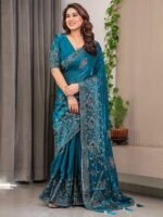 Teal Blue Fendi Satin Block & Foil Print Saree with Attached Blouse & Tassel Detailing - Image 8