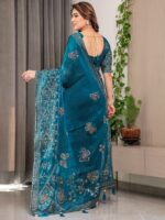 Teal Blue Fendi Satin Block & Foil Print Saree with Attached Blouse & Tassel Detailing - Image 4