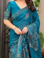 Teal Blue Fendi Satin Block & Foil Print Saree with Attached Blouse & Tassel Detailing - Image 2