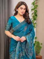 Teal Blue Fendi Satin Block & Foil Print Saree with Attached Blouse & Tassel Detailing - Image 7