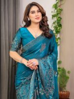 Teal Blue Fendi Satin Block & Foil Print Saree with Attached Blouse & Tassel Detailing - Image 5
