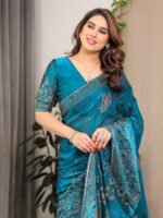 Teal Blue Fendi Satin Block & Foil Print Saree with Attached Blouse & Tassel Detailing - Image 9