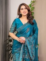 Teal Blue Fendi Satin Block & Foil Print Saree with Attached Blouse & Tassel Detailing - Image 11