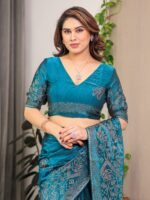 Teal Blue Fendi Satin Block & Foil Print Saree with Attached Blouse & Tassel Detailing - Image 3