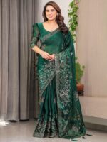 Emerald Green Fendi Satin Block & Foil Print Saree with Attached Blouse & Tassel Detailing - Image 10