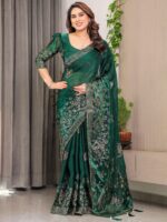 Emerald Green Fendi Satin Block & Foil Print Saree with Attached Blouse & Tassel Detailing - Image 8