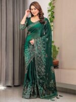 Emerald Green Fendi Satin Block & Foil Print Saree with Attached Blouse & Tassel Detailing - Image 6