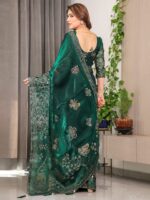 Emerald Green Fendi Satin Block & Foil Print Saree with Attached Blouse & Tassel Detailing - Image 3
