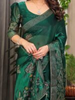 Emerald Green Fendi Satin Block & Foil Print Saree with Attached Blouse & Tassel Detailing - Image 2