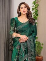 Emerald Green Fendi Satin Block & Foil Print Saree with Attached Blouse & Tassel Detailing - Image 5