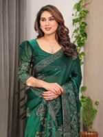 Emerald Green Fendi Satin Block & Foil Print Saree with Attached Blouse & Tassel Detailing - Image 7
