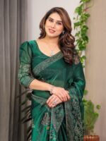 Emerald Green Fendi Satin Block & Foil Print Saree with Attached Blouse & Tassel Detailing - Image 9