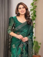 Emerald Green Fendi Satin Block & Foil Print Saree with Attached Blouse & Tassel Detailing - Image 11