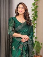 Emerald Green Fendi Satin Block & Foil Print Saree with Attached Blouse & Tassel Detailing - Image 12
