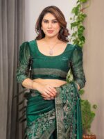 Emerald Green Fendi Satin Block & Foil Print Saree with Attached Blouse & Tassel Detailing - Image 4