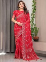 Crimson Red Fendi Satin Block & Foil Print Saree with Attached Blouse & Tassel Detailing - Image 6