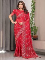 Crimson Red Fendi Satin Block & Foil Print Saree with Attached Blouse & Tassel Detailing - Image 8