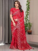 Crimson Red Fendi Satin Block & Foil Print Saree with Attached Blouse & Tassel Detailing - Image 10
