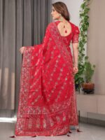 Crimson Red Fendi Satin Block & Foil Print Saree with Attached Blouse & Tassel Detailing - Image 3