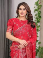 Crimson Red Fendi Satin Block & Foil Print Saree with Attached Blouse & Tassel Detailing - Image 5