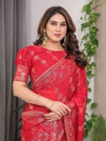 Crimson Red Fendi Satin Block & Foil Print Saree with Attached Blouse & Tassel Detailing - Image 7