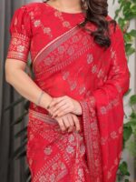 Crimson Red Fendi Satin Block & Foil Print Saree with Attached Blouse & Tassel Detailing - Image 2