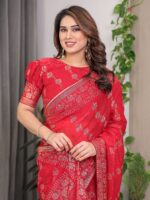 Crimson Red Fendi Satin Block & Foil Print Saree with Attached Blouse & Tassel Detailing - Image 11