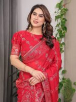 Crimson Red Fendi Satin Block & Foil Print Saree with Attached Blouse & Tassel Detailing - Image 9