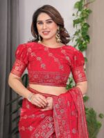 Crimson Red Fendi Satin Block & Foil Print Saree with Attached Blouse & Tassel Detailing - Image 4